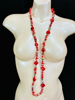 Bold Red Glass & Mother of Pearl Beaded Flapper Length Chunky Necklace Boho Chic